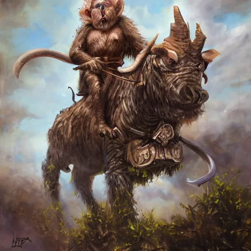 Prompt: A monkey riding an armored cow, by Heather Theurer