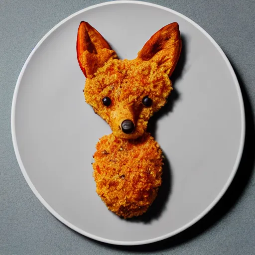 Image similar to studio photography of dinner food in the shape of a fox