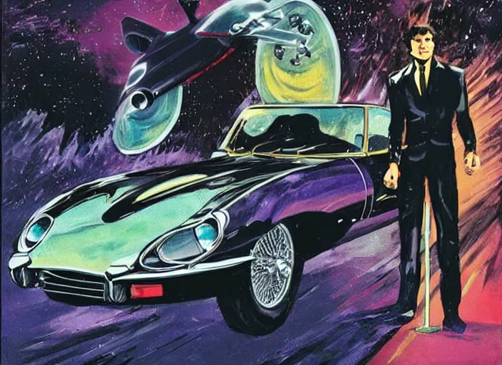 Image similar to kitt, knight rider, jaguar e - type. style danger diabolik, star wars, retro, retro futurist. painting by jack gaughan