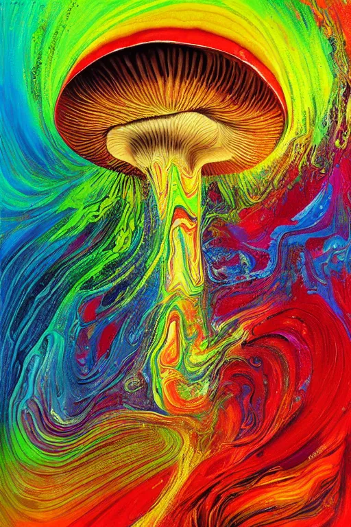 Image similar to fluid dynamics flow art a painting of a mushroom with a colorful swirl, acrylic marbling art by sam spratt, deviantart, psychedelic art, psychedelic, cosmic horror, chromatic