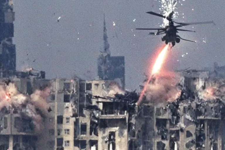 Image similar to militarily helicopter firing missiles smashes through high rise window, explosions, by Michael Bay