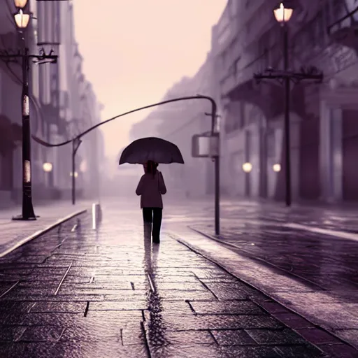 Image similar to kitten walks the empty street in a rainy day, led lights around the place, digital painting, ultra detailed, unreal engine 5,