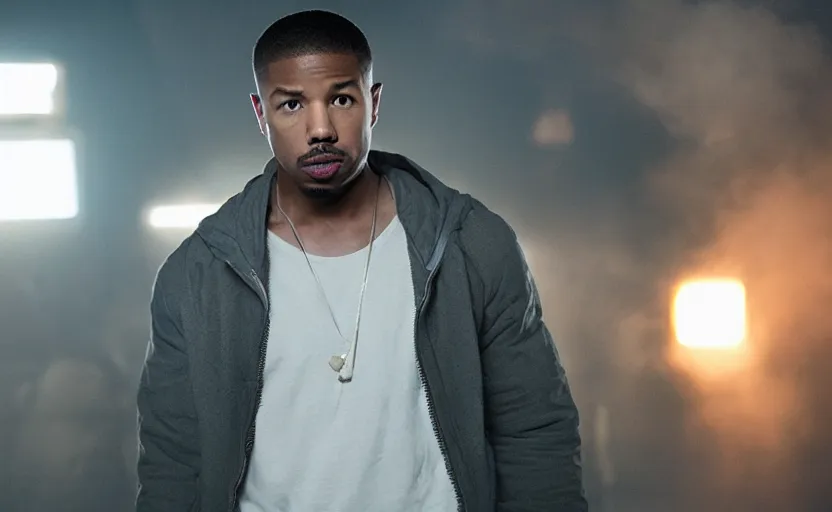 Image similar to Michael B. Jordan as Pop Smoke in 'WOO' (2024), movie still frame, oscar nominated cinematography, volumetric lighting, 8k resolution, beautiful composition