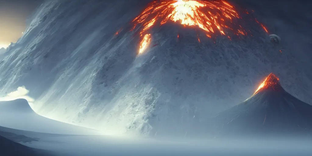 Prompt: volcano sputtering by john harris, craig mullins. ultra clear detailed. octane render. 8 k render artstation