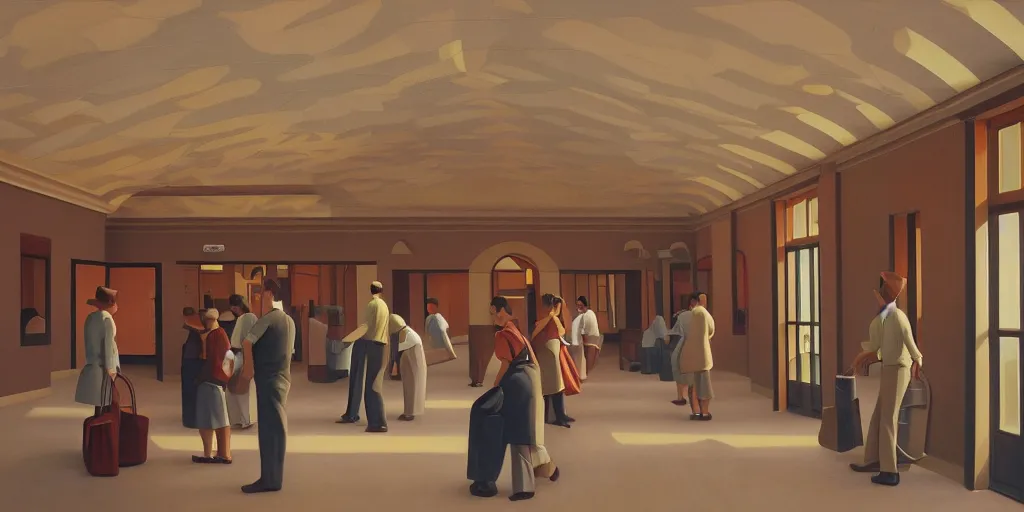 Prompt: big station hall, summer evening, kenton nelson