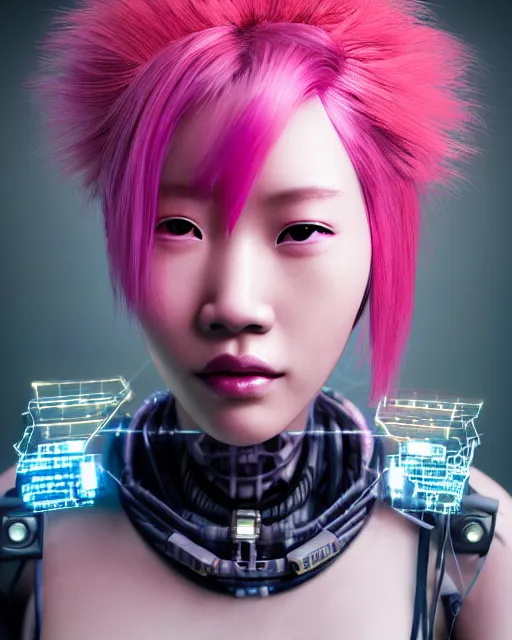 Prompt: portrait of a beautiful asian woman with pink hair as a cyberpunk cyborg half robot, skin open to reveal wires and electronics, sci - fi, missing panels, intricate abstract upper body intricate artwork, concept art, octane render, deviantart, cinematic, key art, hyperrealism, iridescent accents, portrait photograph, nikon 3 5 mm, photograph by greg rutkowski