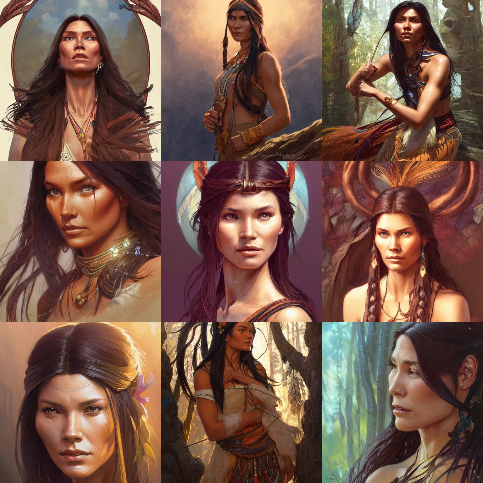 Prompt: Portrait of Pocahontas, intricate, upper body, wild, highly detailed, digital painting, artstation, concept art, smooth, sharp focus, illustration, art by artgerm and greg rutkowski and alphonse mucha