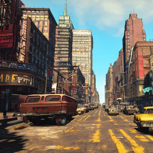 Prompt: broadway, new york city turned into a settlement, post - nuclear war in fallout 4, in game screenshot