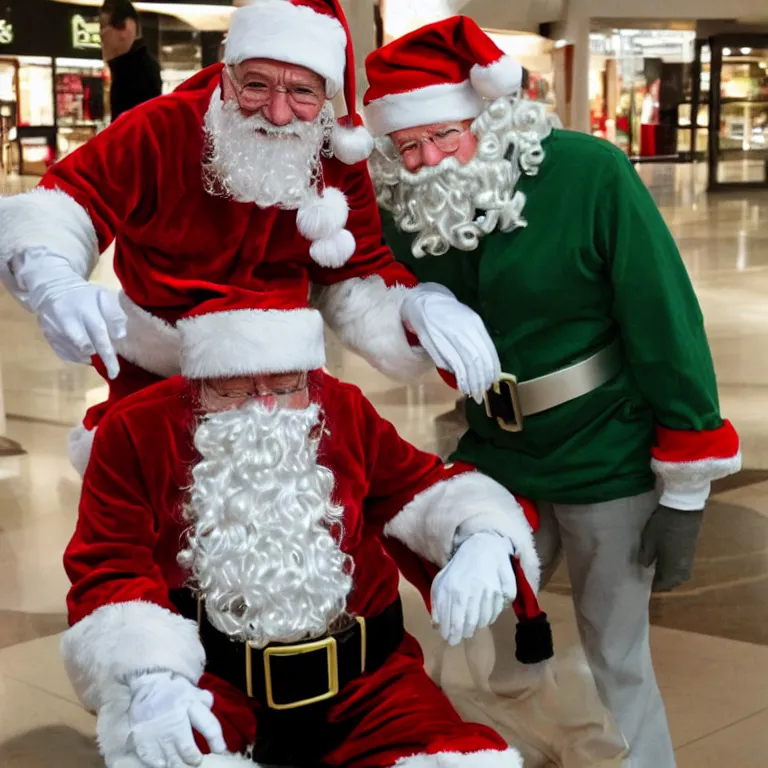 Prompt: walter white dressed as santa in a mall,