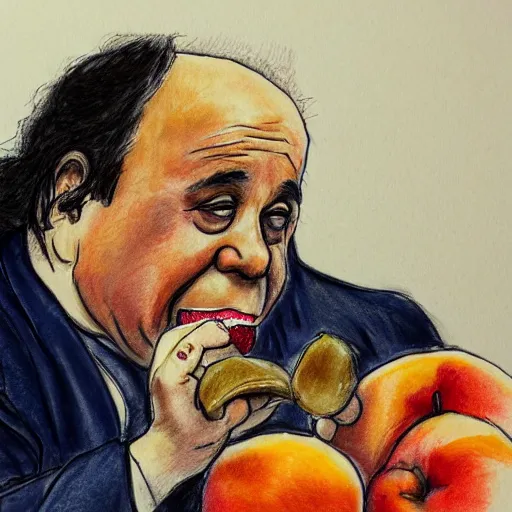 Prompt: courtroom sketch of danny devito eating a peach, high quality, high resolution