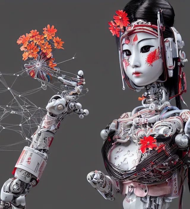 Prompt: portrait of a beautiful japanese robotic geisha with wires and actuators and kanji tattoos and decals, dramatic lighting, hyper - realistic, ultra - realistic, intricate details, japanese model, 8 k ultra high definition, octane render