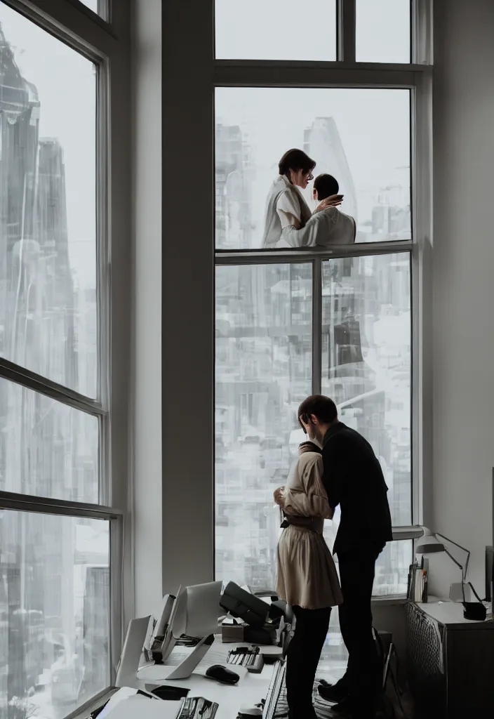 Prompt: wife hugging her husband that is working at his futuritic desk looking at the window with a futuristic city