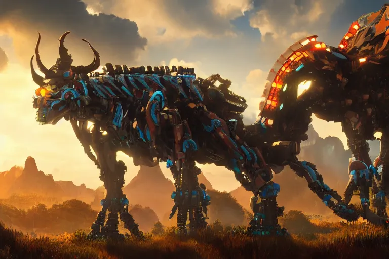 Image similar to grimhorn fanghorn machine mecha animal beast robot of horizon forbidden west horizon zero dawn bioluminiscence global illumination ray tracing hdr fanart arstation by sung choi and eric pfeiffer and gabriel garza and casper konefal