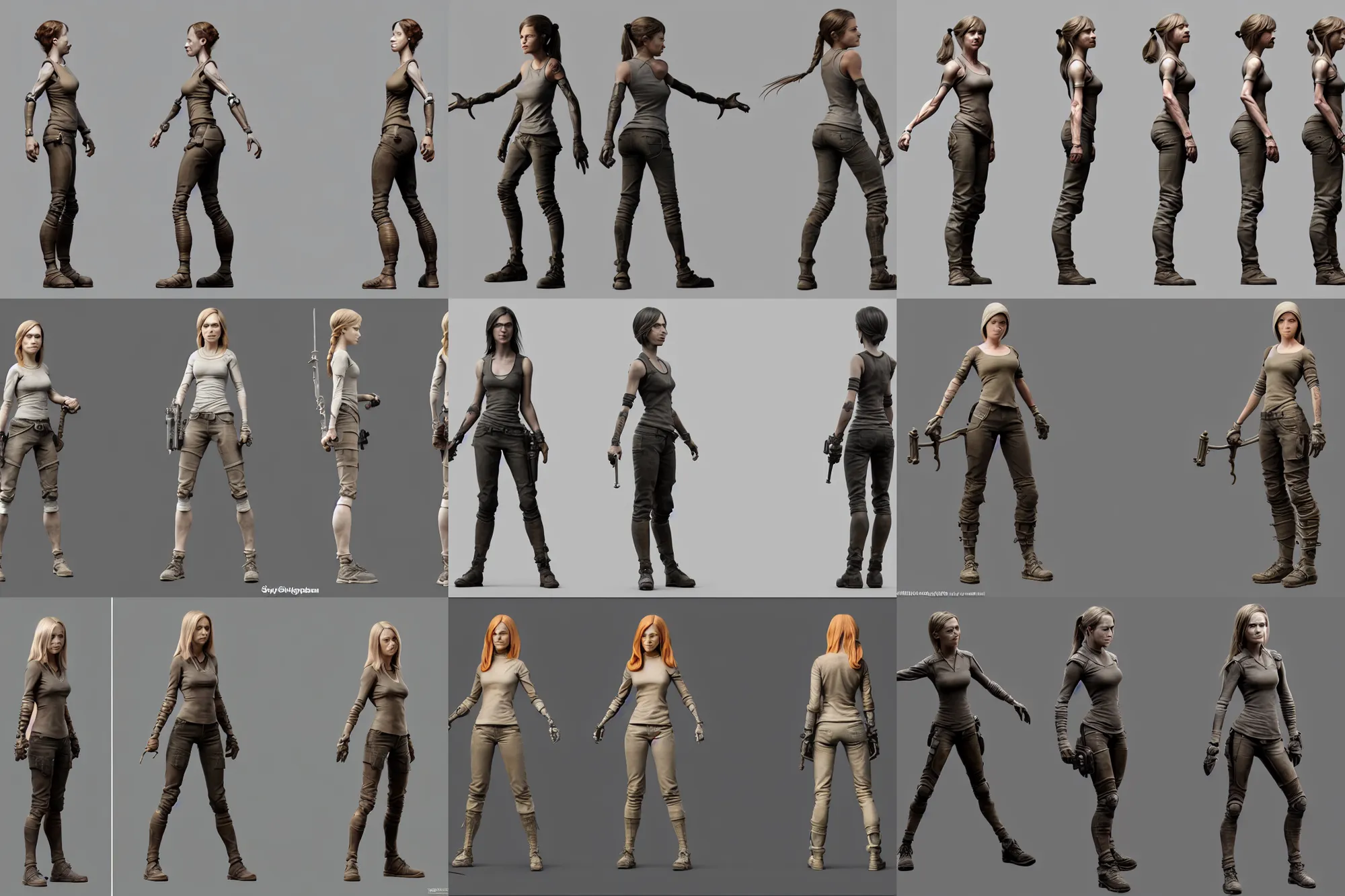 Prompt: badass female character in a front and side view, neutral pose, character design by weta digital, t pose, rigging pose, front and side view, character sheet, full body, cg awards gallery, awarded on cgsociety, symetrical, detailed, modelled in zbrush, by steven stahlberg, by disney, by pixar, by framestore