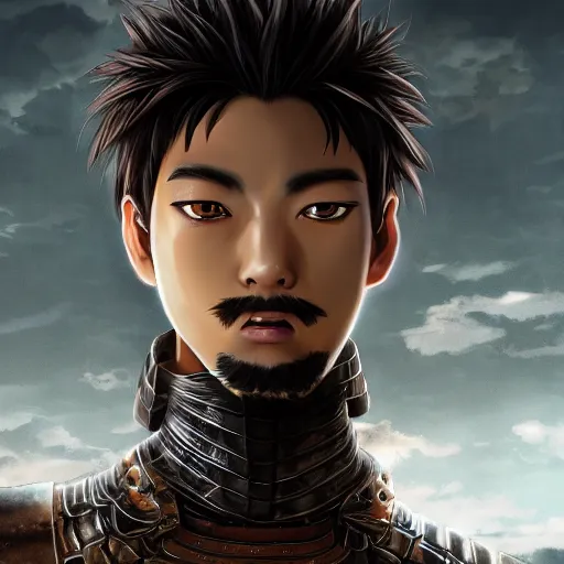 Image similar to anime of young man with facial hair, brown eyes, full body, reptile armor by akira toriyama hyper realistic, dark fantasy detailed, high definition insanely detailed, bitter, wide angle lens dark lighting, moody lighting