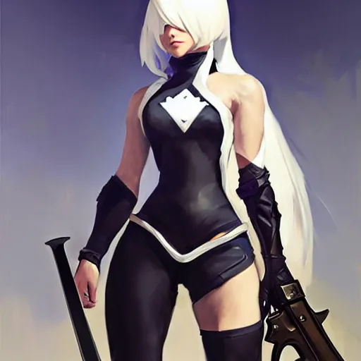 Image similar to greg manchess portrait painting of a 2 yorha type a no. 2 as overwatch character!! holding a sword!!, white long hair, organic painting, sunny day, matte painting, bold shapes, hard edges, street art, trending on artstation, by huang guangjian and gil elvgren and sachin teng