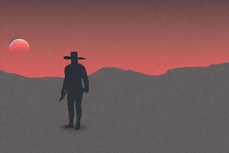 Prompt: A cowboy plague doctor in the distance facing camera, on mars. distant background, red lighting, digital art, acrylic, colorful, ominous, bleak, moonlight, bokeh, depth of field, synthwave, psychedelic, glitch, acrylic, flooko, detailed, cybernetic, sci-fi, glows,