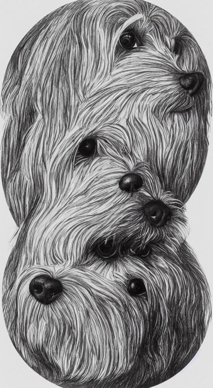 Prompt: self - portrait of a havanese dog reflected in a chrome sphere, by m c escher pen and paper