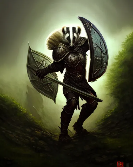 Image similar to Badger Warrior holding huge shield, forest background, D&D, artstation, fantasy, magic the gathering artwork, cinematic lighting, centered, symmetrical, highly detailed, digital painting, , concept art, smooth, sharp focus, illustration, volumetric lighting, epic Composition, 8k, art by Akihiko Yoshida and Greg Rutkowski and Craig Mullins, oil painting, cgsociety