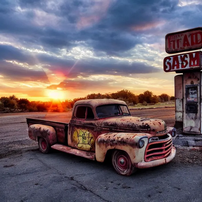 Image similar to a sunset light landscape with historical route 6 6, lots of sparkling details and sun ray ’ s, blinding backlight, smoke, volumetric lighting, colorful, octane, 3 5 mm, abandoned gas station, old rusty pickup - truck, beautiful epic colored reflections, very colorful heavenly, softlight