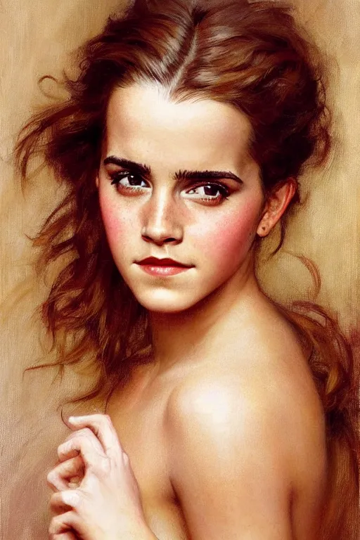 Image similar to detailed portrait of a beautiful emma watson 1 9 9 0 s hairstyle muscular, painting by gaston bussiere, craig mullins, j. c. leyendecker