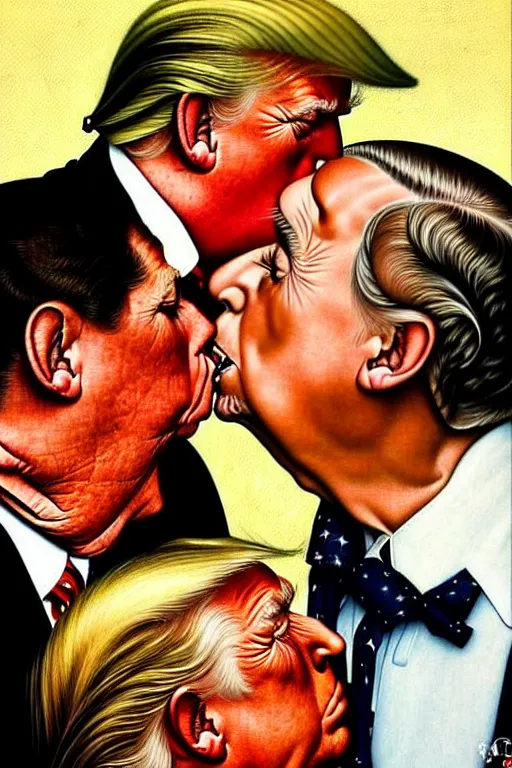 Image similar to norman rockwell painting of donald trump kissing donald trump