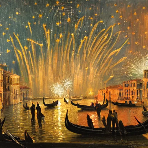 Prompt: an oil painting of fireworks, with happy people in venice