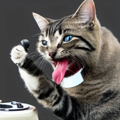 Image similar to photo of a cat laughing wide and hilariously into an old rotary phone that it is holding with its paw to its face. interior home office, at computer deist and keyboard and monitor, tec - supportt, it help, frustration, spilling coffee everywhere