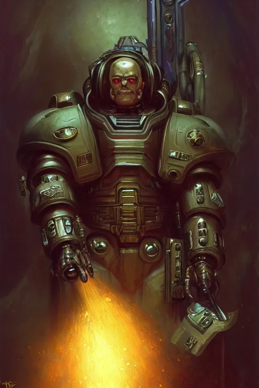 Image similar to character portrait cyberpunk starcraft terran warhammer 4 0 k space marine tech priest steve buscemi, character design, painting by gaston bussiere, katsuya terada, frank frazetta, tom of finland, trending on artstation