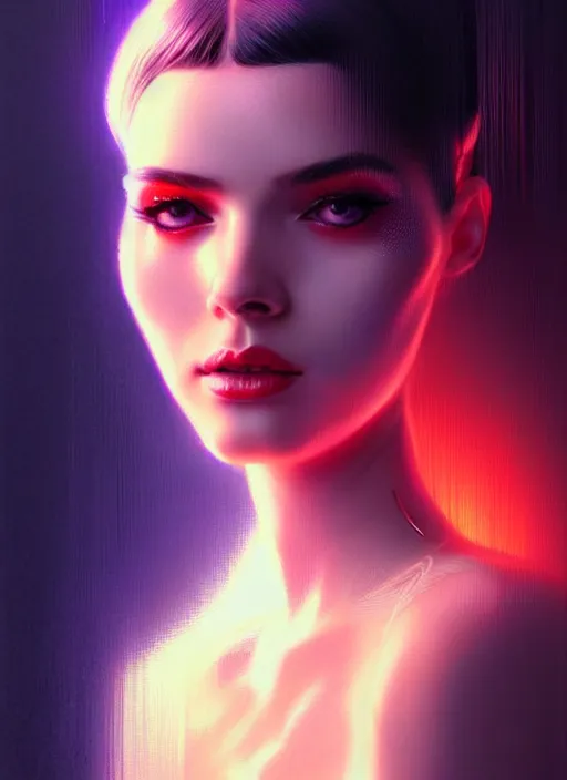 Image similar to photorealistic portrait of female humanoid, cyber neon lights, highly intricate, retro 6 0 s haute couture fashion, elegant, highly detailed, crispy quality, trending on artstation, trending on pinterest, glamor pose, no signature, no watermark, smooth, cinematic, art by artgerm and greg rutkowski