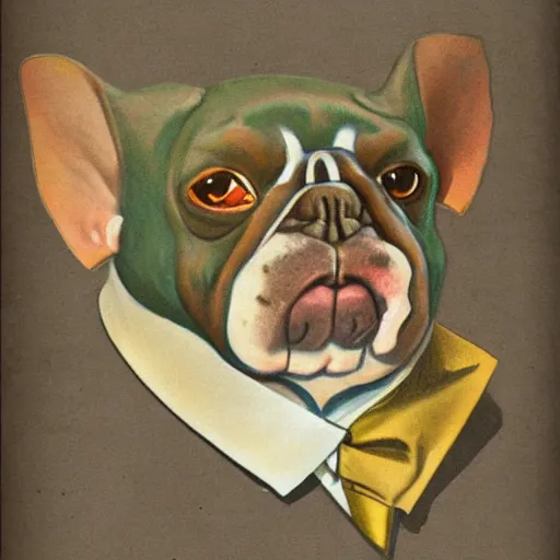 Prompt: art nouveau illustration of bat - eared bulldog - fish creature wearing a suit, portrait