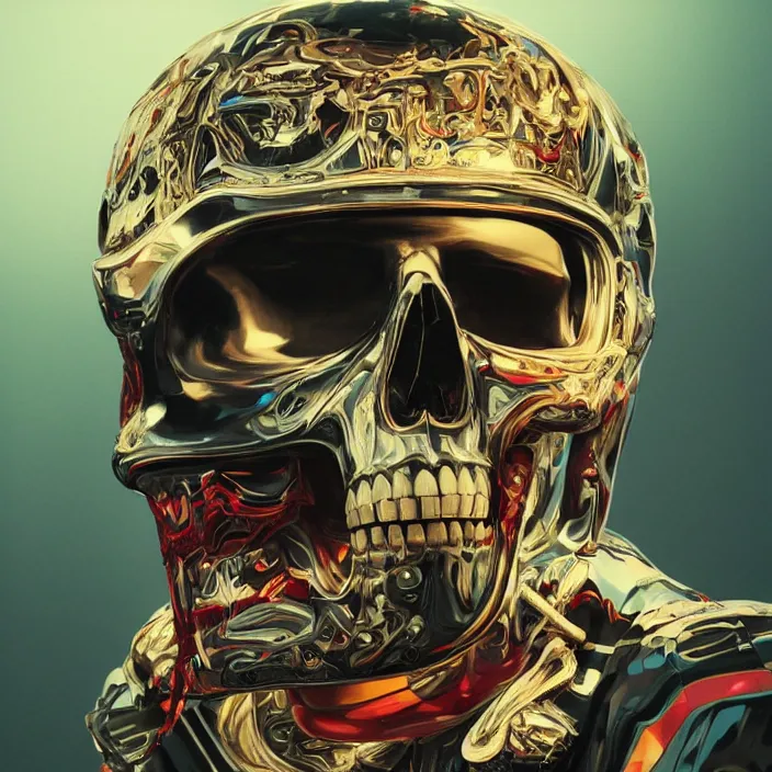 Image similar to portrait of a skull in a racing suit. intricate abstract. intricate artwork. by Tooth Wu, wlop, beeple, dan mumford. octane render, trending on artstation, greg rutkowski very coherent symmetrical artwork. cinematic, hyper realism, high detail, octane render, 8k, iridescent accents