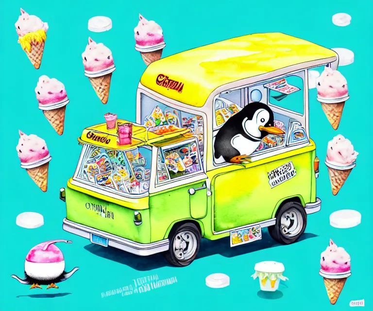 Image similar to cute and funny, penguin riding in a tiny ice cream truck, ratfink style by ed roth, centered award winning watercolor pen illustration, isometric illustration by chihiro iwasaki, edited by craola, tiny details by artgerm and watercolor girl, symmetrically isometrically centered