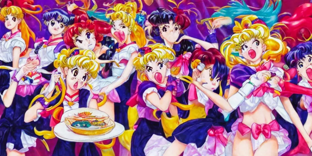 Prompt: sailor moon food fight in cafeteria, detailed facial expression, surrealism aesthetic