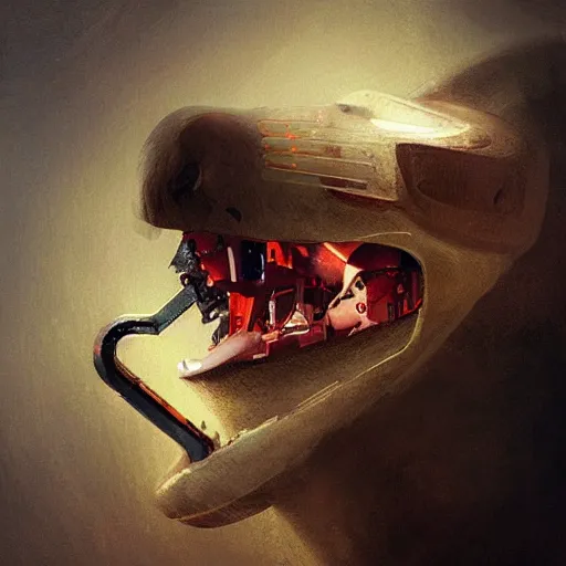Image similar to “cutaway illustration of an android head, revealing inside is an anthropomorphic rat operating levers and joysticks. by ruan jia”