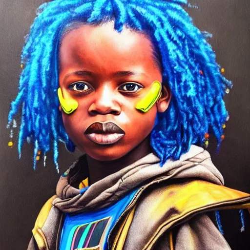 Prompt: a realistic painting of an african kid with cyberpunk and afrofuturist blue clothes, highly detailed, afrofuturist, cyberpunk, photorealistic.