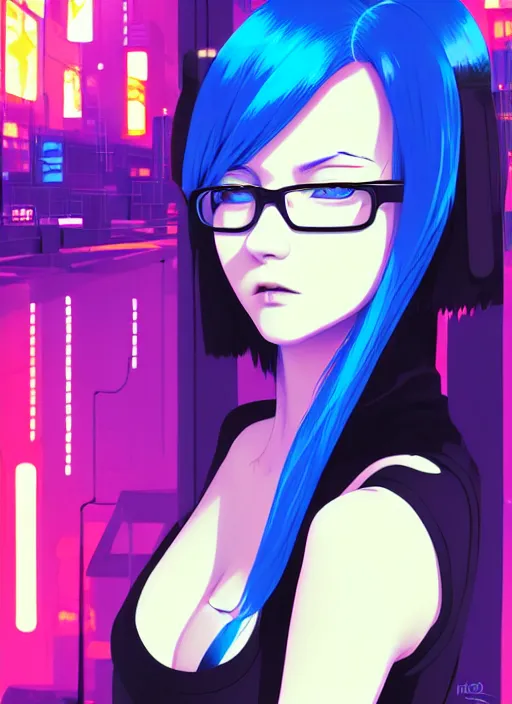 Image similar to digital illustrationportrait of cyberpunk pretty girl with blue hair, wearing a tight black dress, in city street at night, by makoto shinkai, ilya kuvshinov, lois van baarle, rossdraws, basquiat