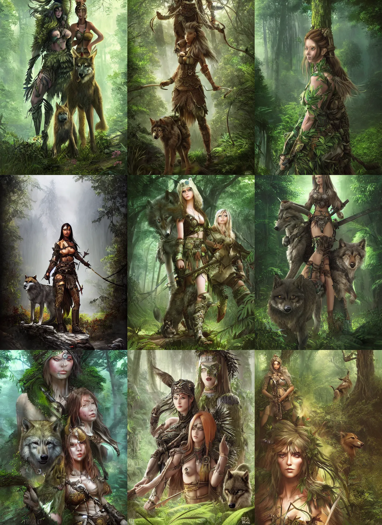 Prompt: A hyperdetailed digital artwork of lush serene forest guarded by female warrior and her wolf companion by Brigitte Roka and CGSociety, 8kresolution, Detailed face on femele warrior