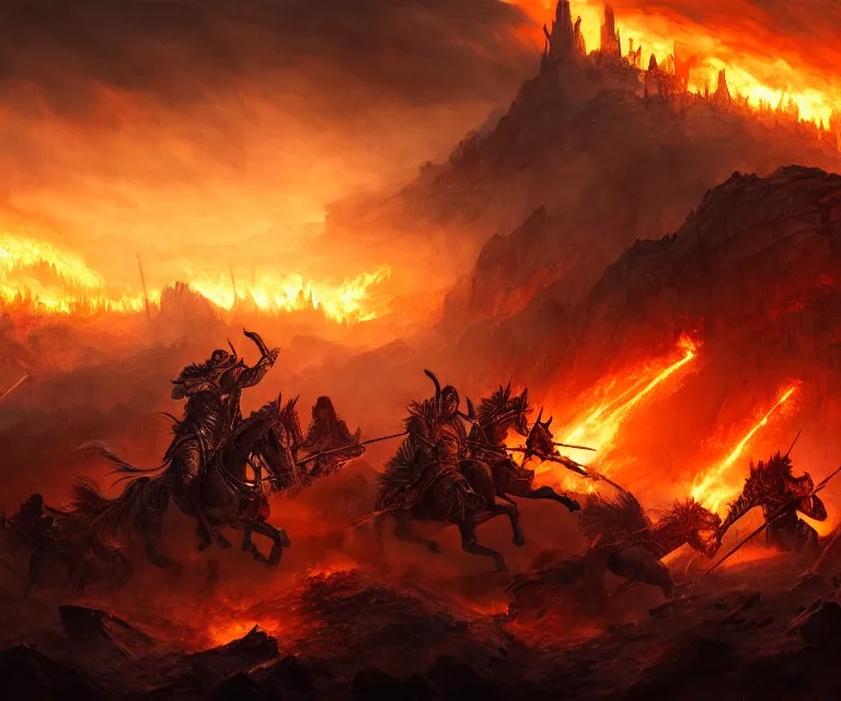 Image similar to battle of kings, fire and dust, action, dramatic lighting, intricate, wild, highly detailed, digital painting, artstation, concept art, smooth, sharp focus, illustration