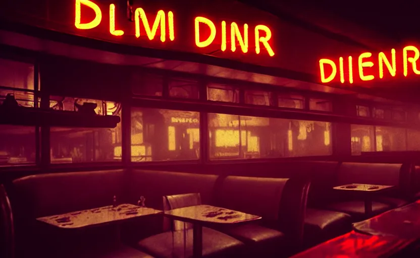 Image similar to diner, horror scene, dim neon lighting, beautiful volumetric-lighting-style atmosphere, eerie atmosphere, intricate, detailed, photorealistic imagery, artstation