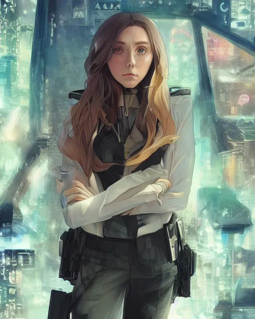 Image similar to anime key visual of elizabeth olsen police officer, cyberpunk, futuristic, perfect eyes, stunning features, perfect face!!, high details, digital painting, artstation, smooth face, soft focus, illustration, art by artgerm and greg rutkowski and alphonse mucha