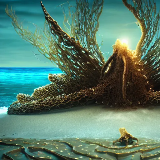 Image similar to stunning cinematic wide shot of a sea of fulgurites surrounding a beautiful slick sea creature, on a beach. fulgurites towering over the creature, well designed perfect with slick led eyes, wearing kelp, sharp claws, hd octane render, fantasy, furry art, artstation, deviantart, furaffinity