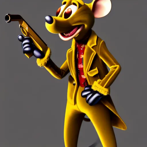 Image similar to 3d anthropomorphic rat, disney pixar, holding tommy gun, velvet, fur coat, high quality, golden necklace, fendi, high fashion