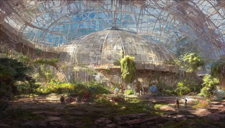 Image similar to craig mullins and ghibli digital illustration of the interior of the largest biodome in the world, colorful, unreal engine, hyper realism, realistic shading, cinematic composition, realistic render, octane render, detailed textures, photorealistic, wide shot,