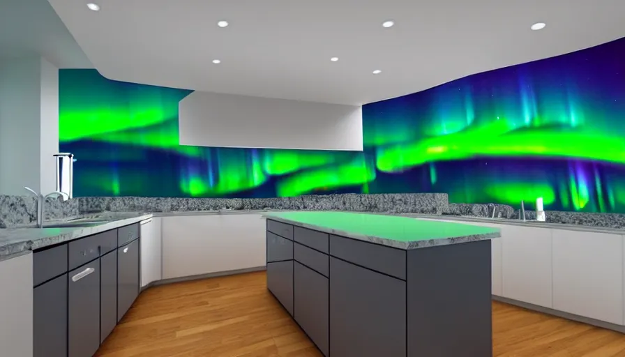 Image similar to a photo of aurora borealis! localized entirely within a kitchen!!!, color photography, high quality, volumetric light, beautiful, 4 k