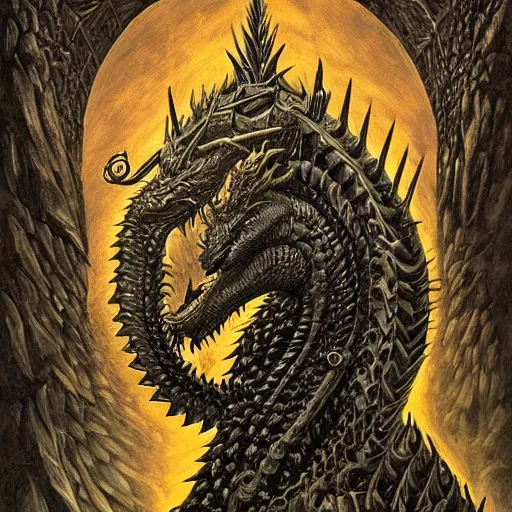 Image similar to a portrait of a dark entropy dragon, detailed, fantasy, scary, realistic, frightening, ornate, horns, spikes, incredible, masterpiece, amazing, wow!, sense of awe, award winning, greg rutowski, bosch, mc escher, dali