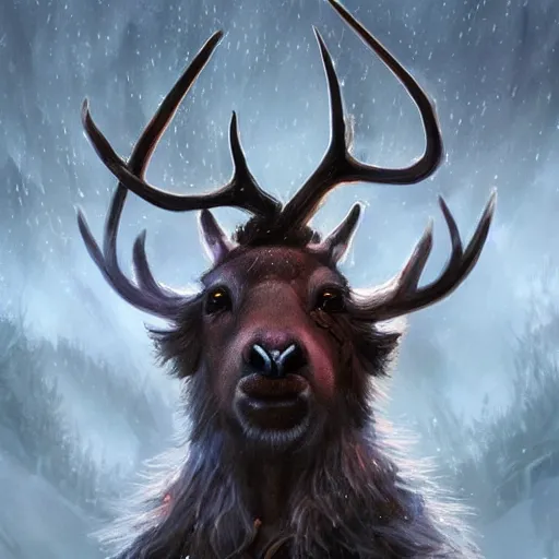 Image similar to Reindeer, Anthropomorphized, casting epic spell, magic the gathering artwork, D&D, fantasy, cinematic lighting, centered, symmetrical, highly detailed, digital painting, artstation, concept art, smooth, sharp focus, illustration, volumetric lighting, epic Composition, 8k, art by Akihiko Yoshida and Greg Rutkowski and Craig Mullins, heroic pose, oil painting, cgsociety, magic lab background