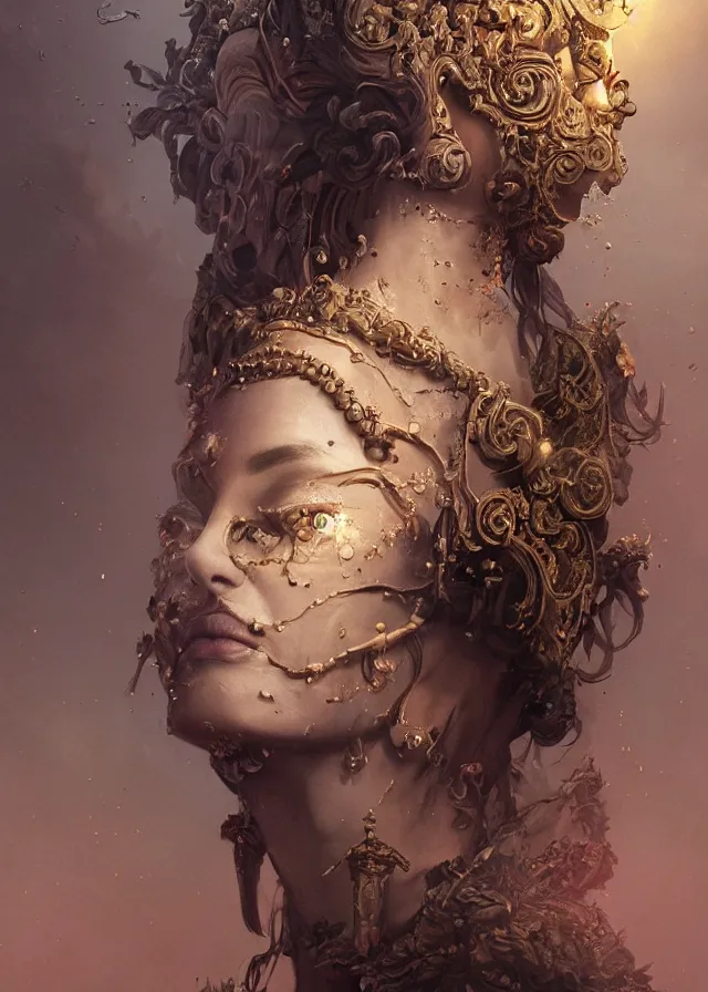 Prompt: woman portrait, face, foreground, singular, volumetric, wearing a carved half mask with mineral incrustations, godness like vishnu, ethereal, evil, elements, baroque, rococo, ink, tarot card enviromet, cinematics lights, detailed, intricate illustration, octane render, fractal, fine art by marc simonetti & peter mohrbacher