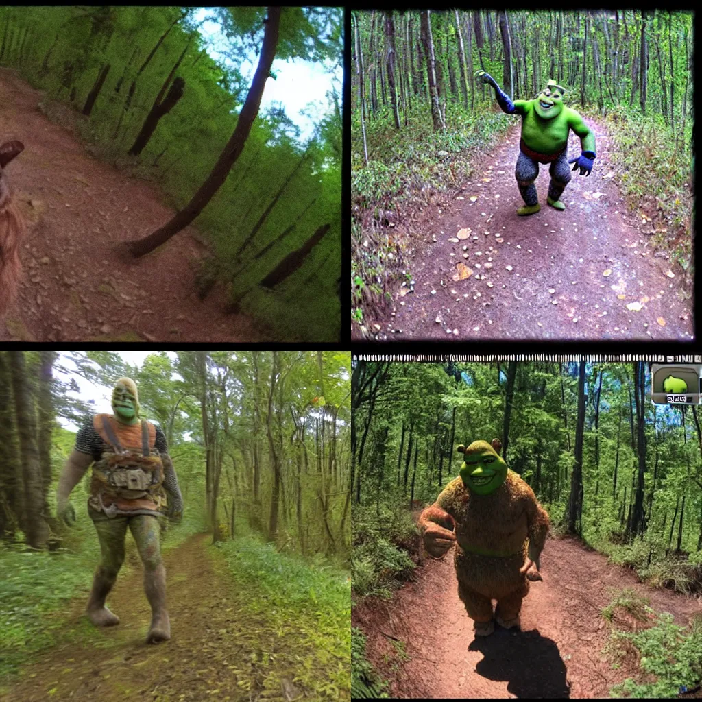 Prompt: shrek on trail cam footage