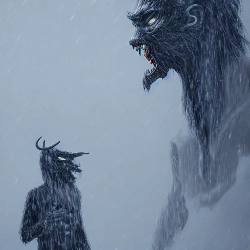 Image similar to hungry wendigo leering through a snowstorm, trending on artstation